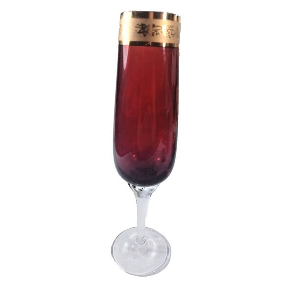 A Ruckl & Sons Champagne Glass Ruby Red With Etched Gold Trim - Picture 2 of 5